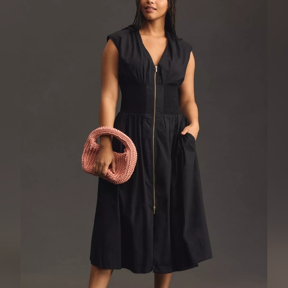 Anthropologie The Tommie Cap-Sleeve Smocked Front-Zip Shirt Dress